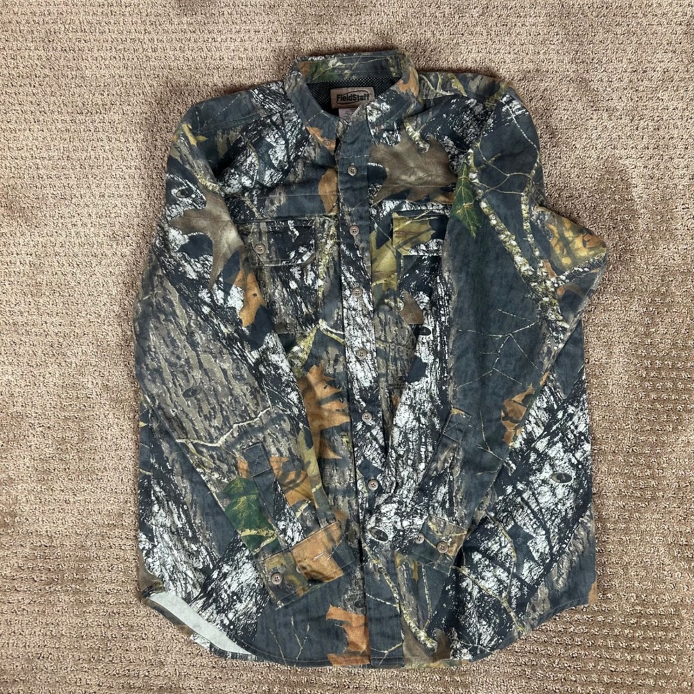 FieldStaff Twill Shirt Mens M Camo Good Mossy Oak Break-Up Hunting Button Down
